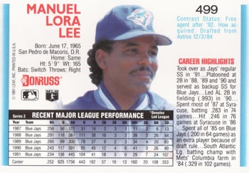 Manuel Lee  baseball card collectible - Main Image 2
