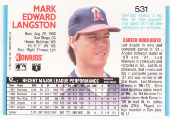 Mark Langston  baseball card collectible - Main Image 2
