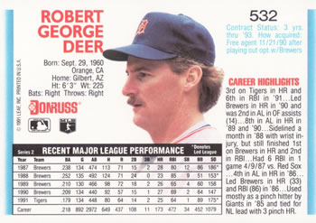 Rob Deer  baseball card collectible - Main Image 2