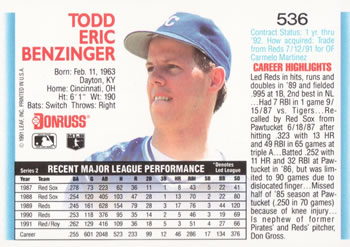 Todd Benzinger  baseball card collectible - Main Image 2