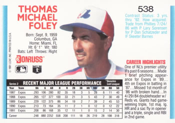 Tom Foley  baseball card collectible - Main Image 2
