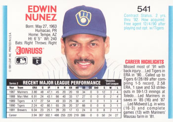 Edwin Nunez  baseball card collectible - Main Image 2