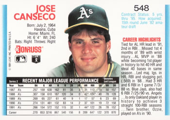 Jose Canseco  baseball card collectible - Main Image 2