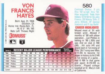 Von Hayes  baseball card collectible - Main Image 2
