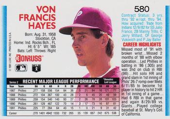 Von Hayes  baseball card collectible - Main Image 2