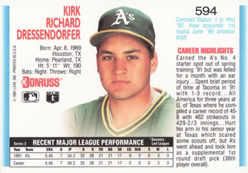 Kirk Dressendorfer  baseball card collectible - Main Image 2