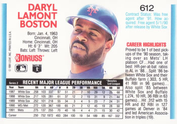 Daryl Boston  baseball card collectible - Main Image 2