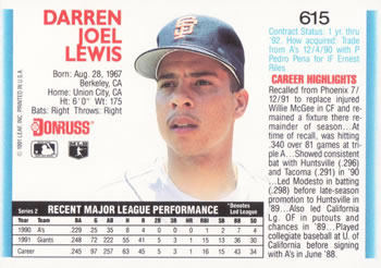 Darren Lewis  baseball card collectible - Main Image 2