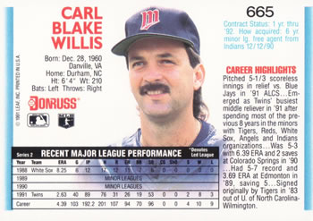 Carl Willis  baseball card collectible - Main Image 2