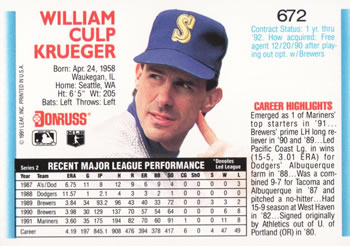 Bill Krueger  baseball card collectible - Main Image 2