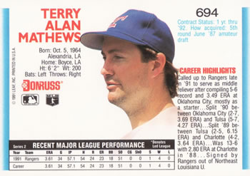 Terry Mathews  baseball card collectible - Main Image 2