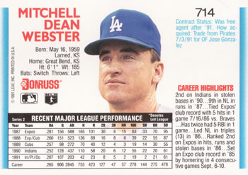 Mitch Webster  baseball card collectible - Main Image 2