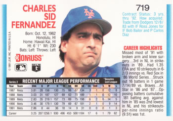 Sid Fernandez  baseball card collectible - Main Image 2