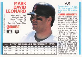 Mark Leonard  baseball card collectible - Main Image 2
