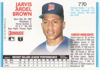 Jarvis Brown  baseball card collectible - Main Image 2