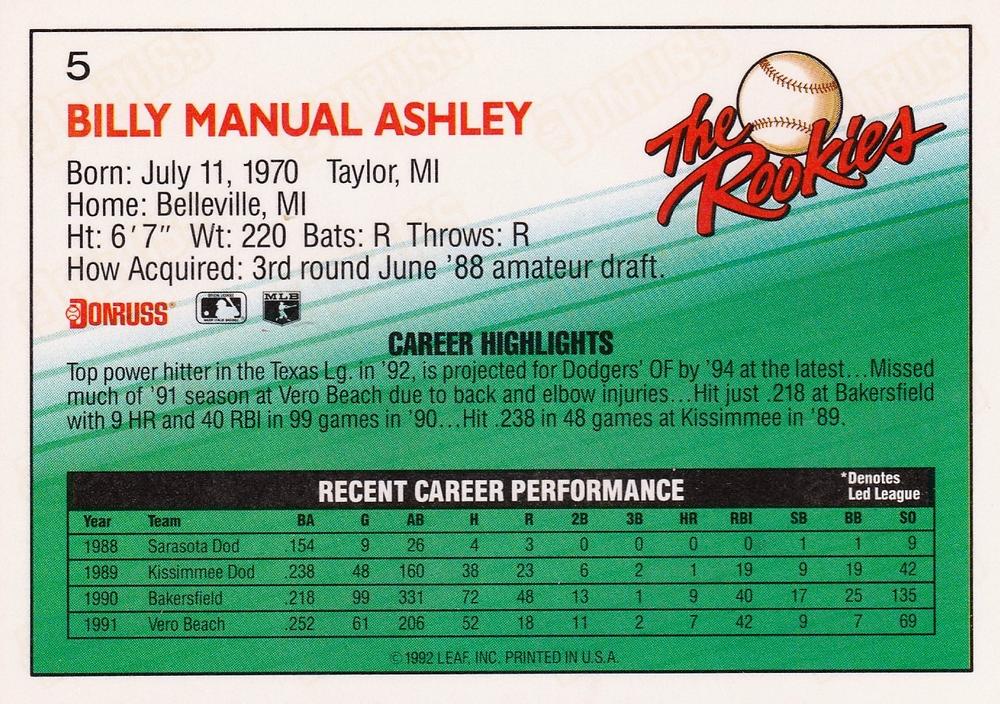 Billy Ashley  baseball card collectible - Main Image 2