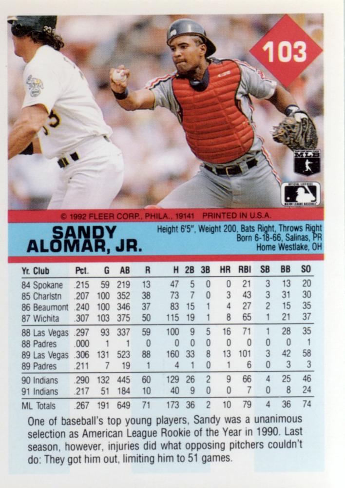 Sandy Alomar, Jr.  baseball card collectible - Main Image 2