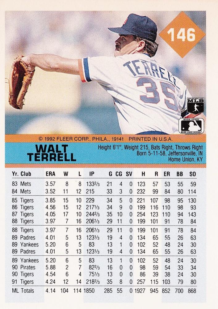 Walt Terrell  baseball card collectible - Main Image 2