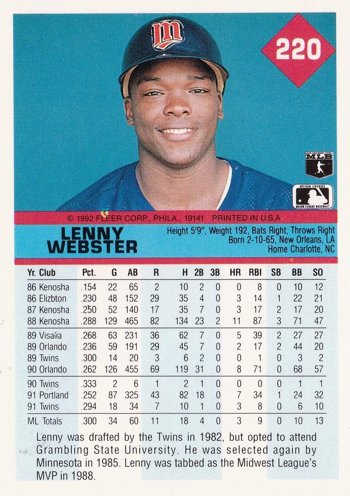 Lenny Webster  baseball card collectible - Main Image 2