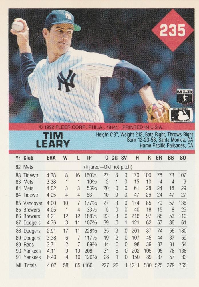 Tim Leary  baseball card collectible - Main Image 2