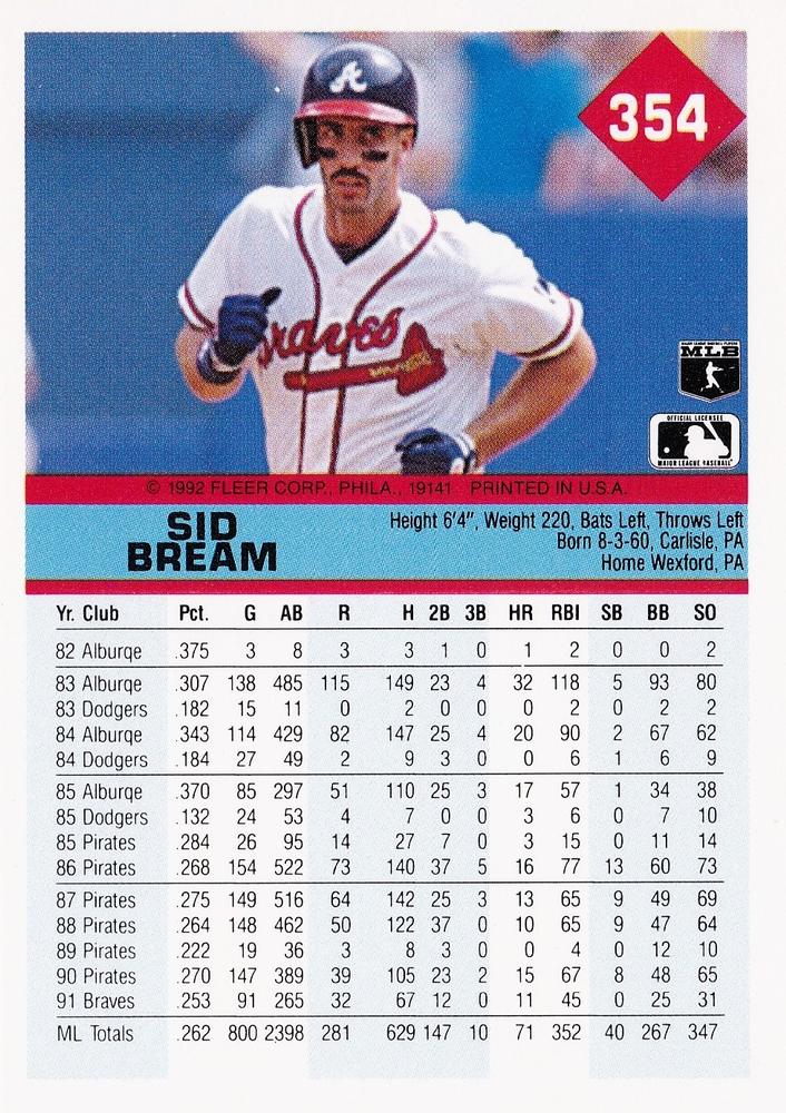 Sid Bream  baseball card collectible - Main Image 2