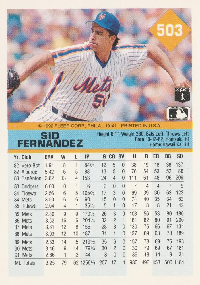 Sid Fernandez  baseball card collectible - Main Image 2