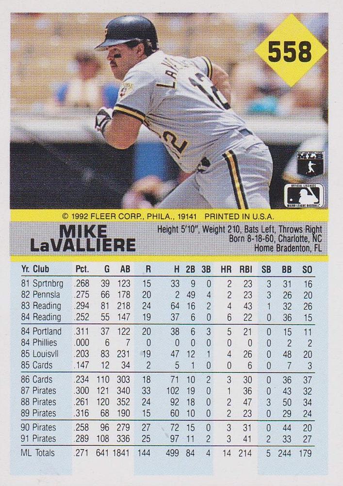 Mike LaValliere  baseball card collectible - Main Image 2
