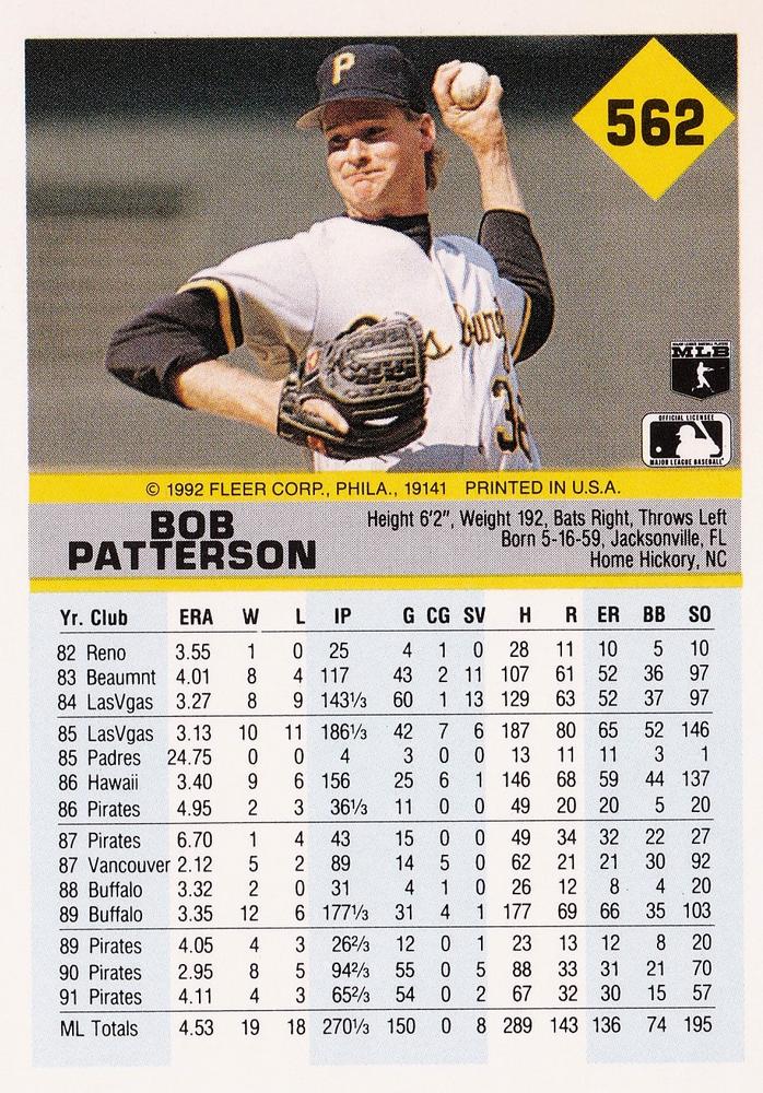 Bob Patterson  baseball card collectible - Main Image 2