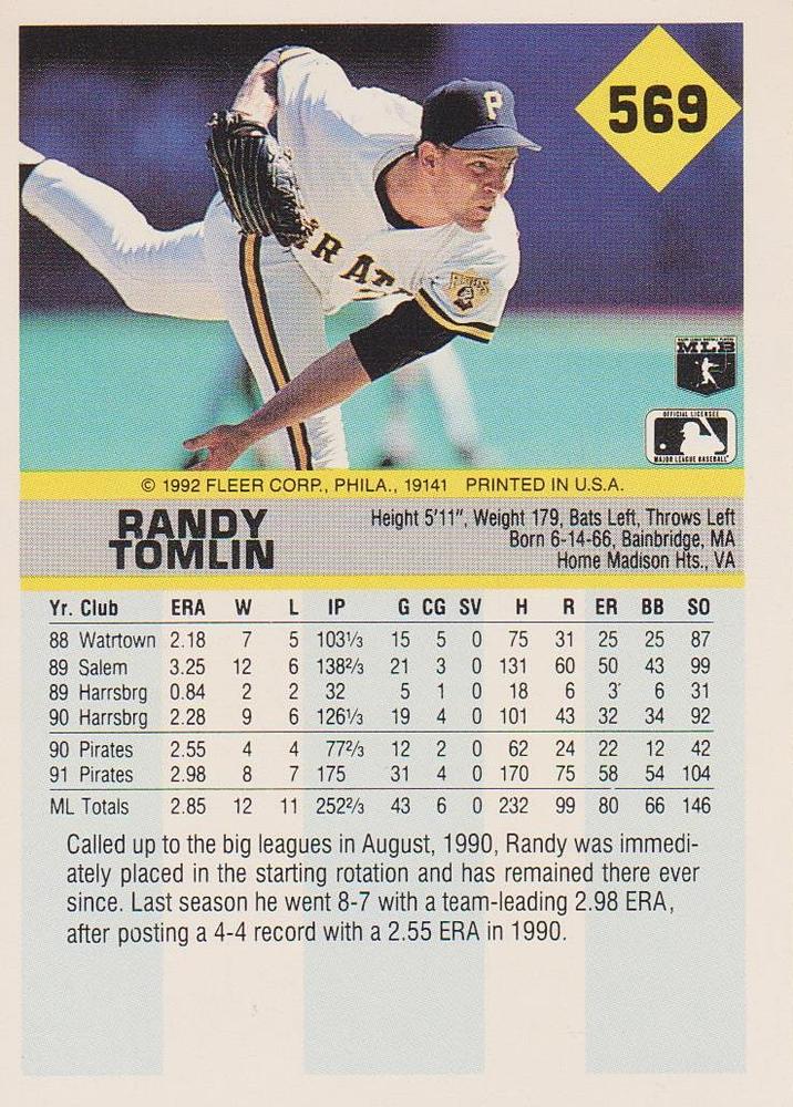 Randy Tomlin  baseball card collectible - Main Image 2