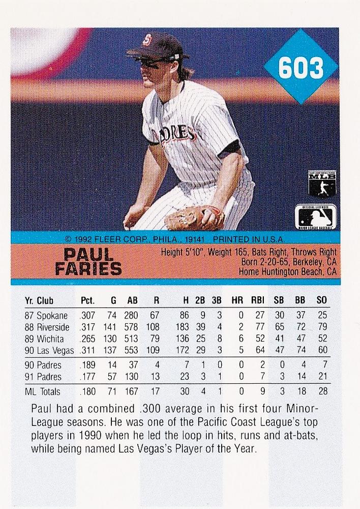 Paul Faries  baseball card collectible - Main Image 2