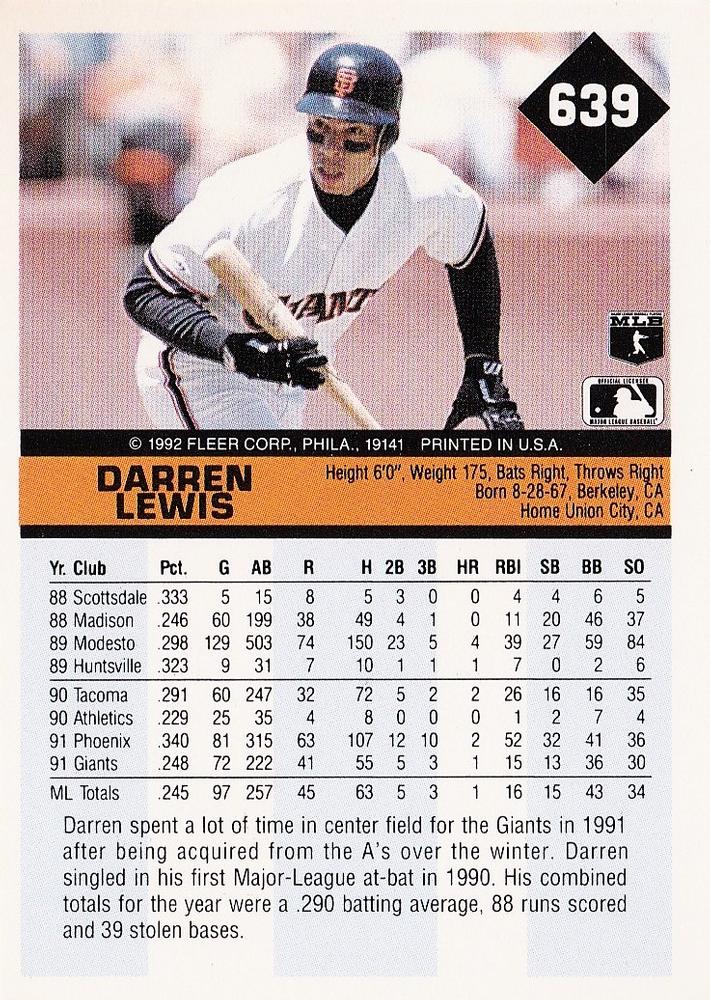 Darren Lewis  baseball card collectible - Main Image 2