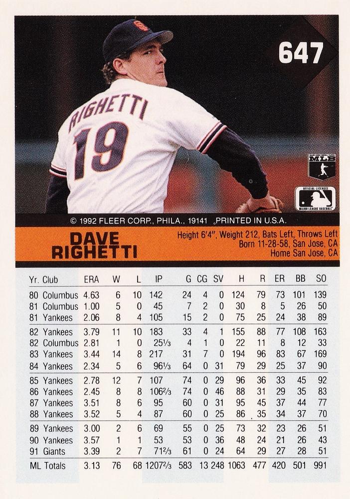 Dave Righetti  baseball card collectible - Main Image 2