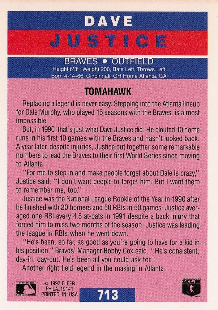 Dave Justice  baseball card collectible - Main Image 2