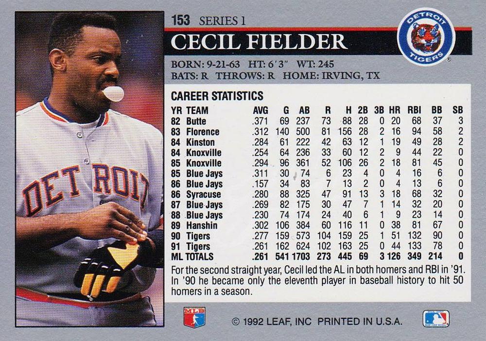 Cecil Fielder  baseball card collectible - Main Image 2