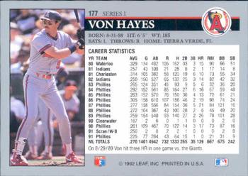 Von Hayes  baseball card collectible - Main Image 2