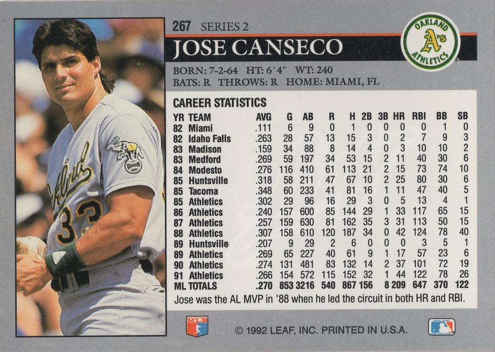 Jose Canseco  baseball card collectible - Main Image 2