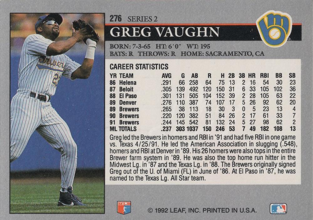 Greg Vaughn  baseball card collectible - Main Image 2