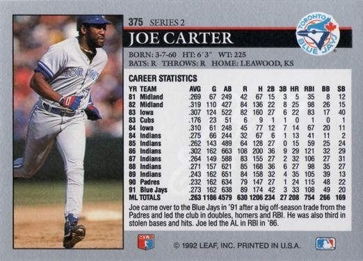 Joe Carter  baseball card collectible - Main Image 2