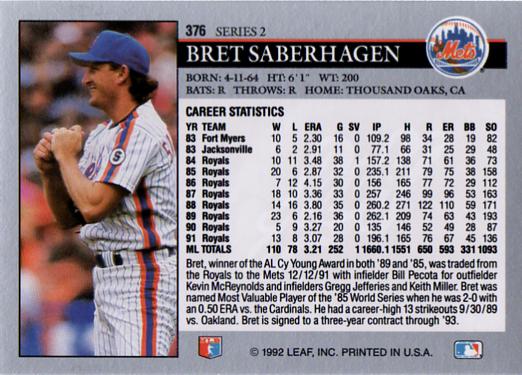 Bret Saberhagen  baseball card collectible - Main Image 2