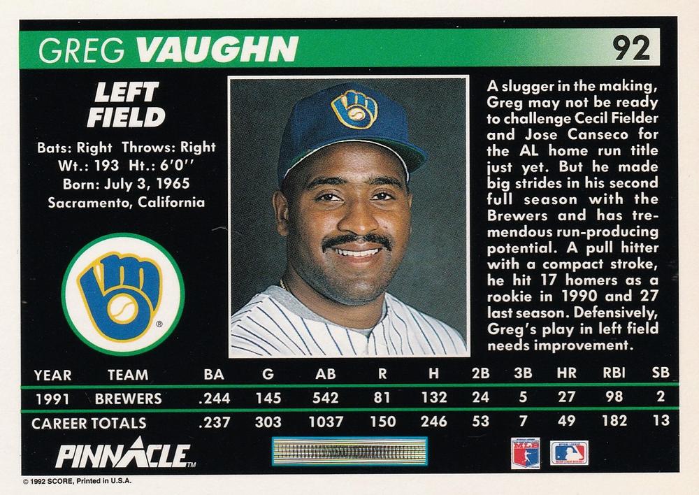 Greg Vaughn  baseball card collectible - Main Image 2