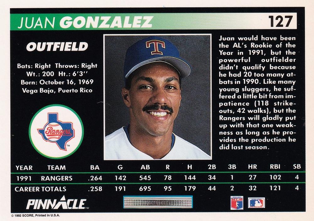 Juan Gonzalez  baseball card collectible - Main Image 2