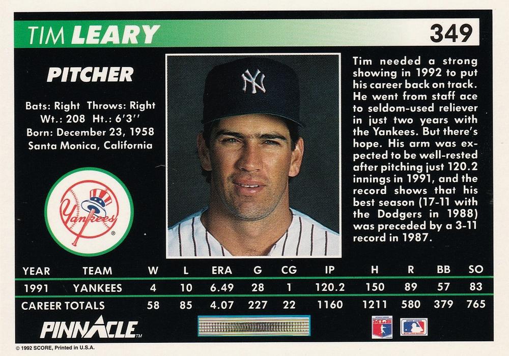 Tim Leary  baseball card collectible - Main Image 2