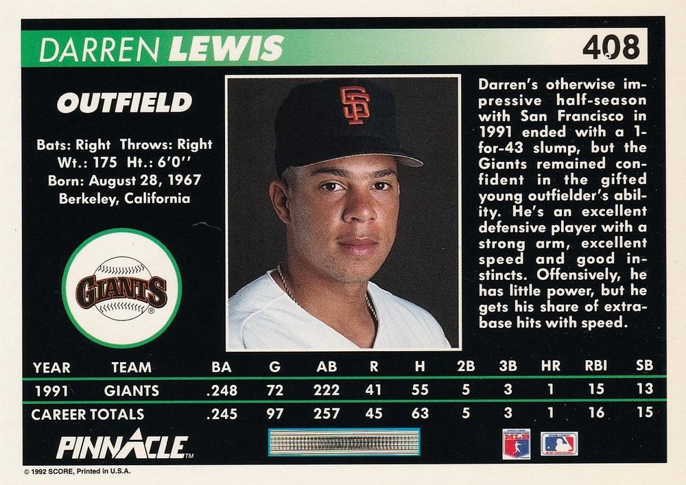 Darren Lewis  baseball card collectible - Main Image 2