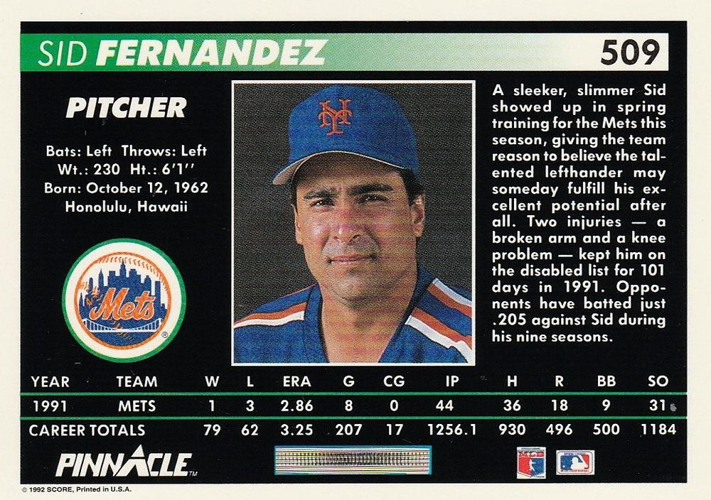 Sid Fernandez  baseball card collectible - Main Image 2