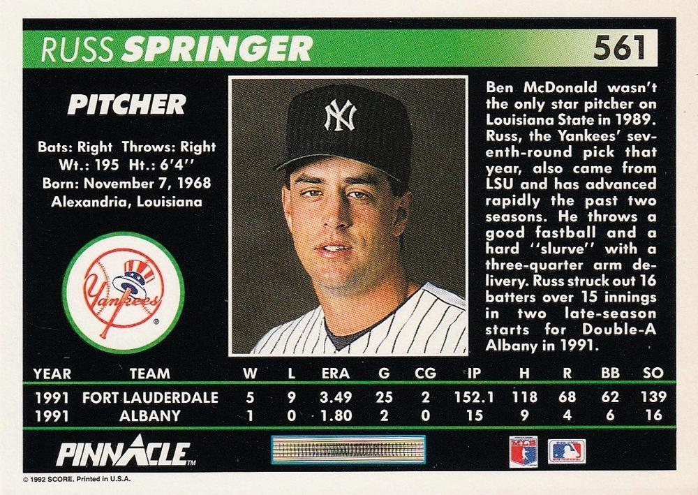 Russ Springer  baseball card collectible - Main Image 2