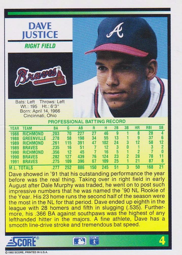 Dave Justice  baseball card collectible - Main Image 2