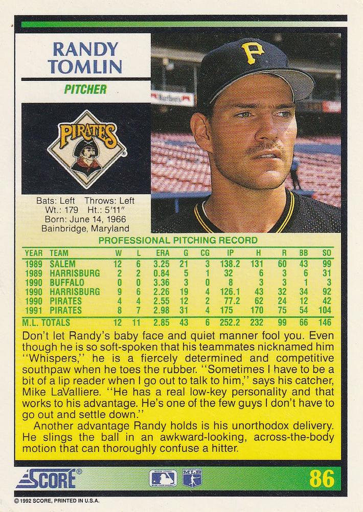 Randy Tomlin  baseball card collectible - Main Image 2