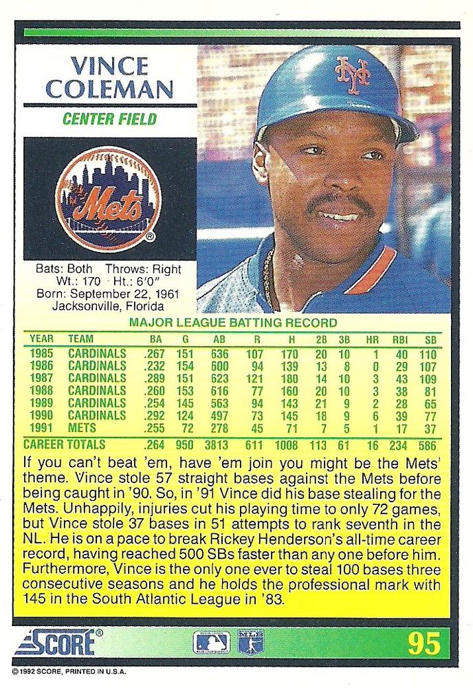 Vince Coleman  baseball card collectible - Main Image 2
