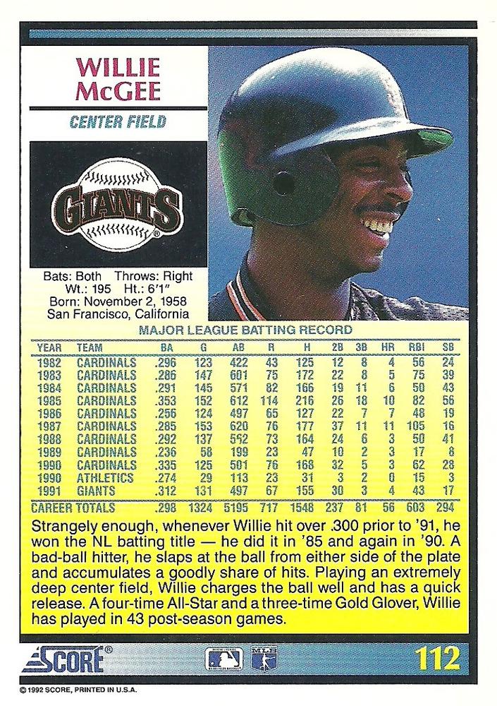 Willie McGee  baseball card collectible - Main Image 2