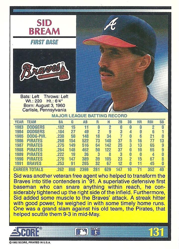 Sid Bream  baseball card collectible - Main Image 2